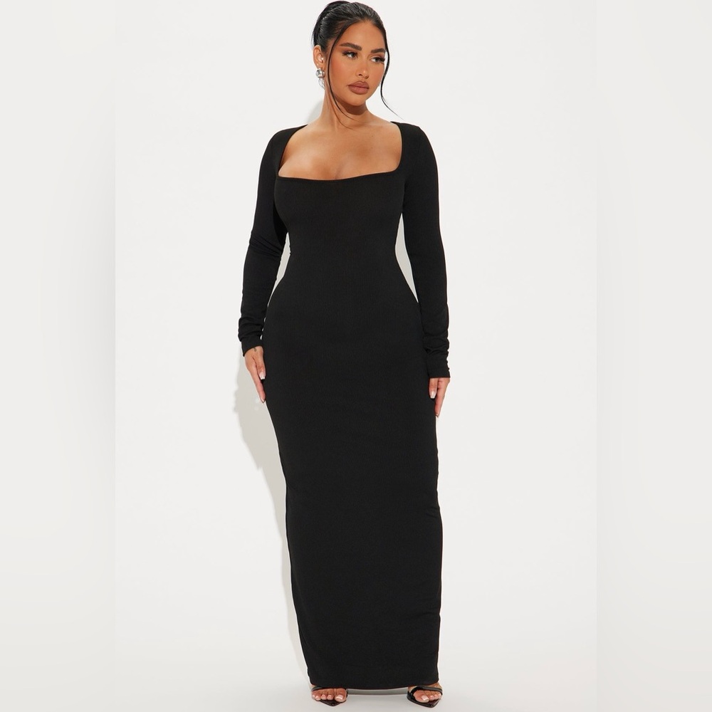 Square Neck Long Sleeve Black Bodycon Dress - Picture 2 of 4